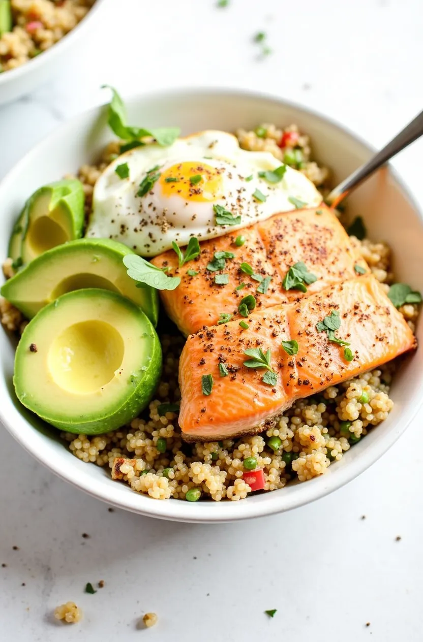 Grilled Salmon and Quinoa Power Bowl with Avocado and Eggs