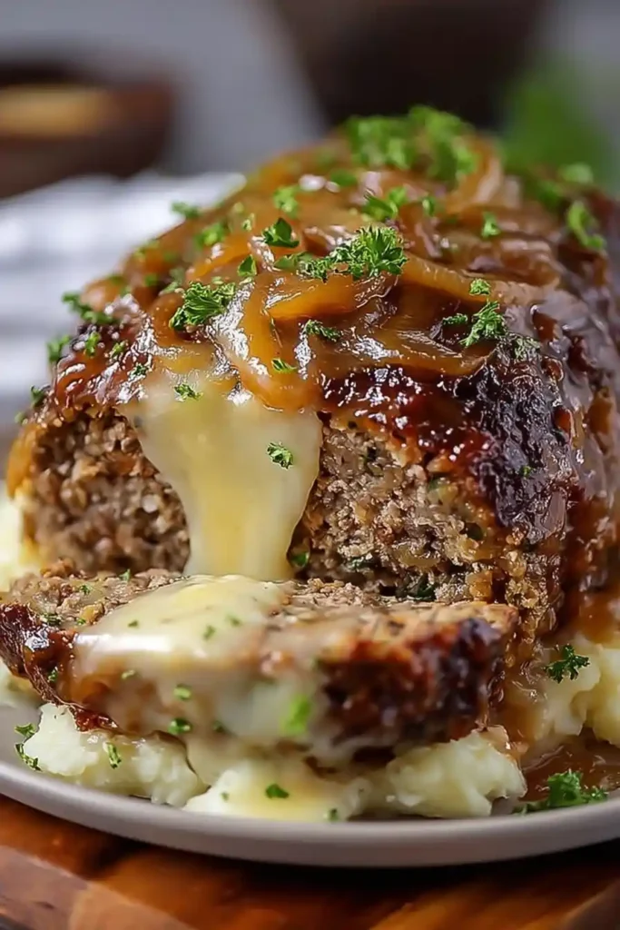 Crockpot French Onion Meatloaf with Melted Swiss Cheese