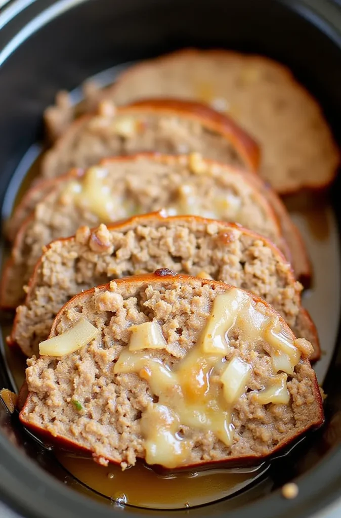 Crockpot French Onion Meatloaf with Melted Swiss Cheese