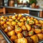 Golden crispy potatoes with chopped parsley on a metal sheet pan in a kitchen