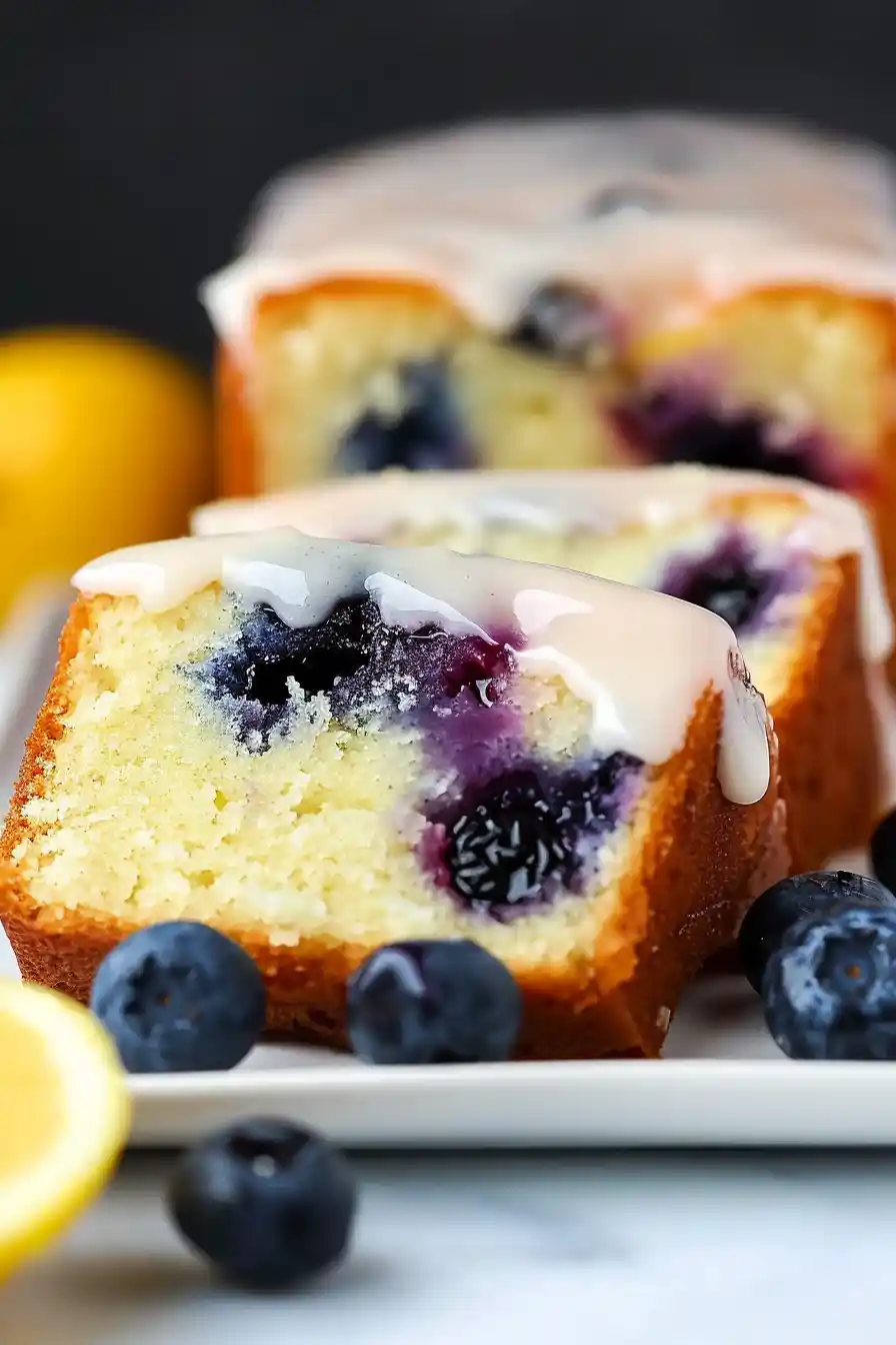 Slice of lemon blueberry pound cake with glaze, juicy blueberries and a lemon wedge on a white plate