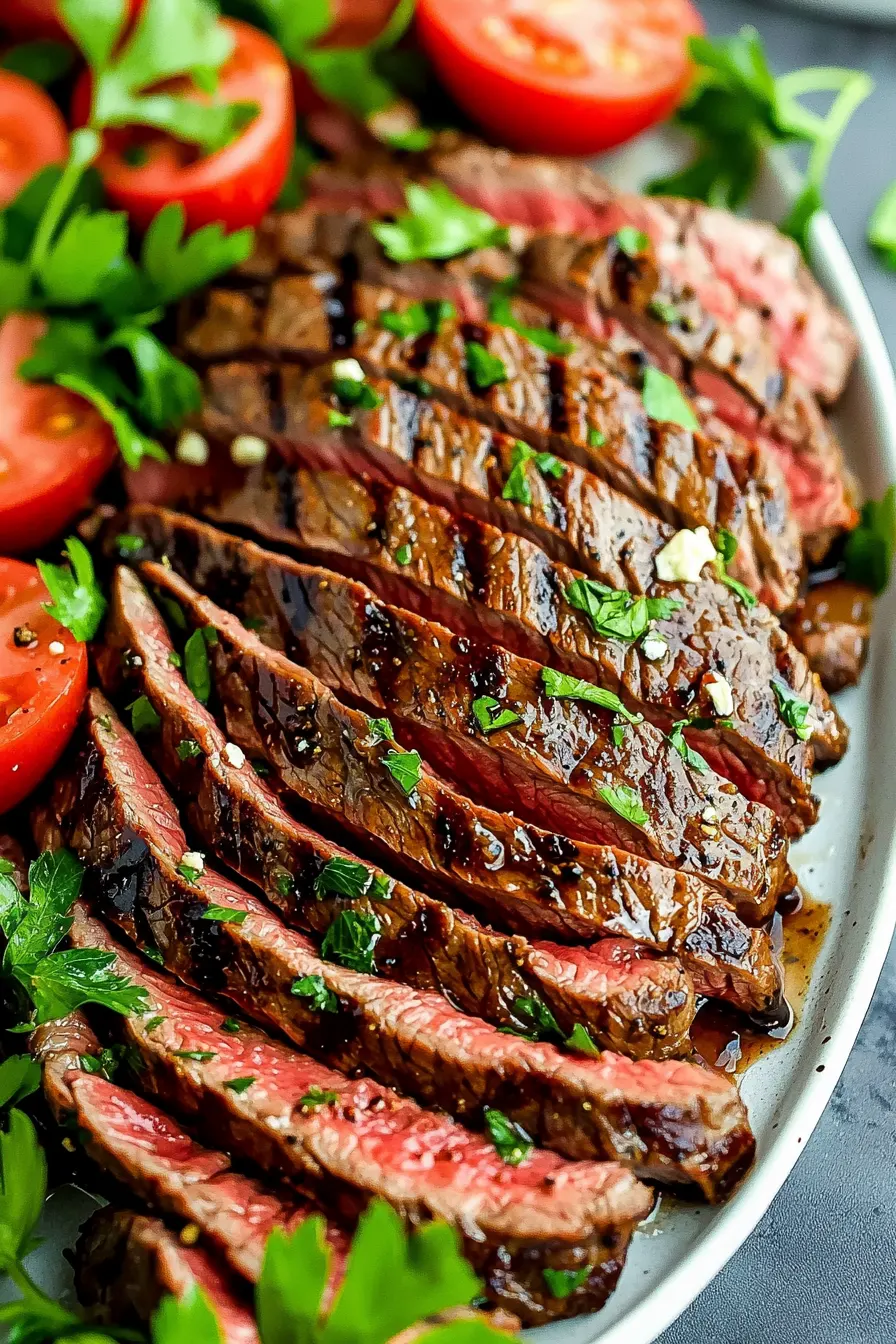 Fanned slices of london broil steak on a white platter with cherry tomatoes and fresh parsley