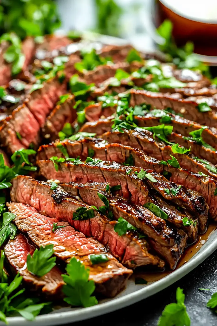 Platter of sliced london broil steak topped with chopped fresh parsley, ready to serve