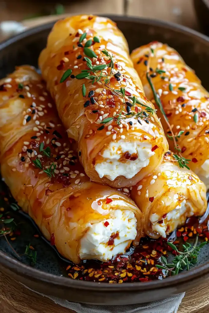 Oven Fried Feta Rolls with Chili Honey