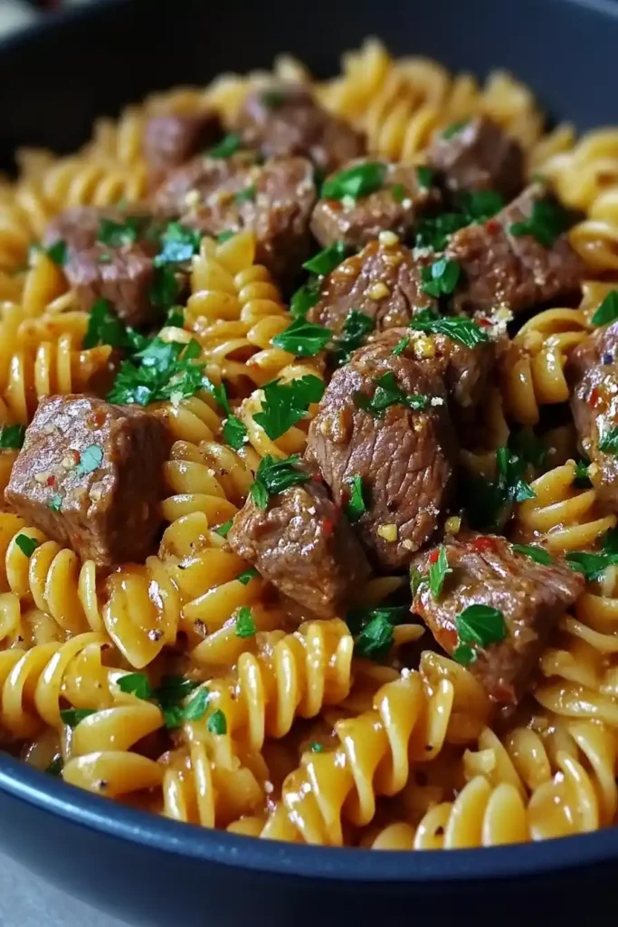 One-pot creamy spicy garlic butter steak and pasta