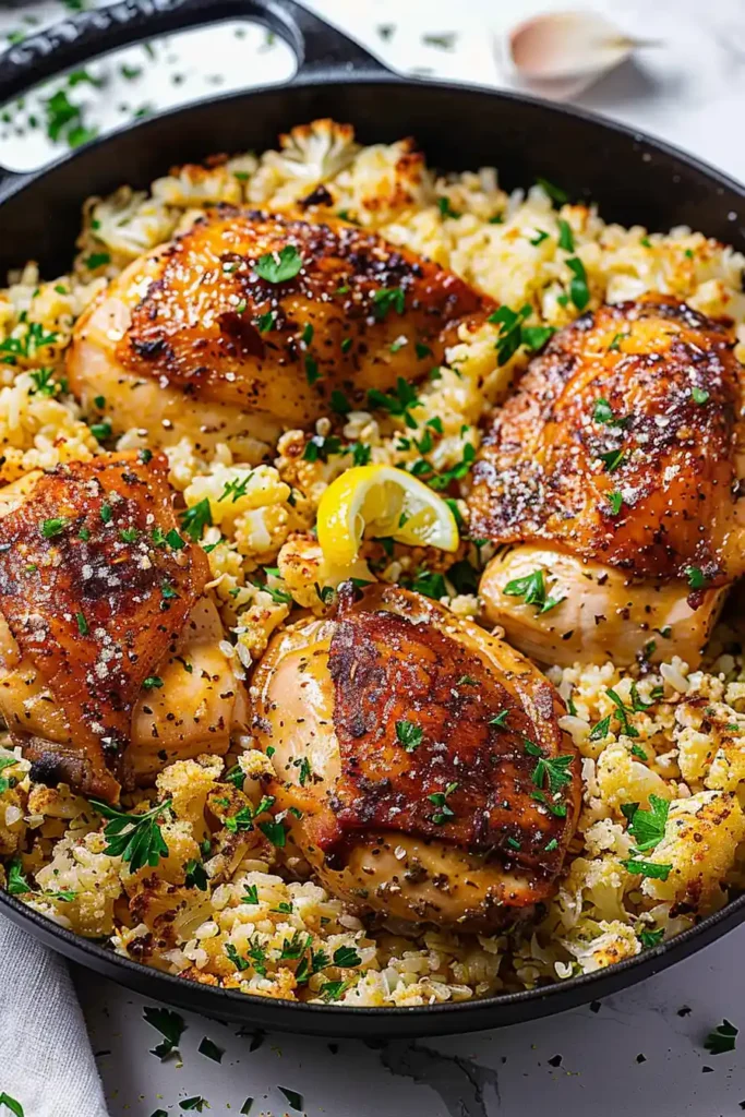 Buttery Garlic Herb Chicken and Lemon Parmesan Cauliflower Rice