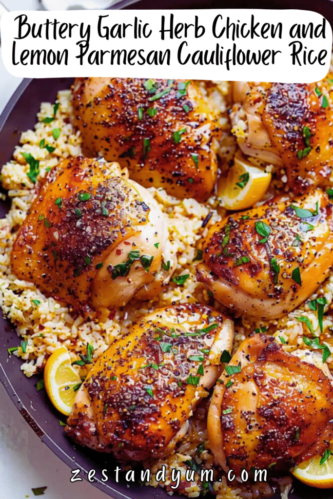 Buttery Garlic Herb Chicken and Lemon Parmesan Cauliflower Rice