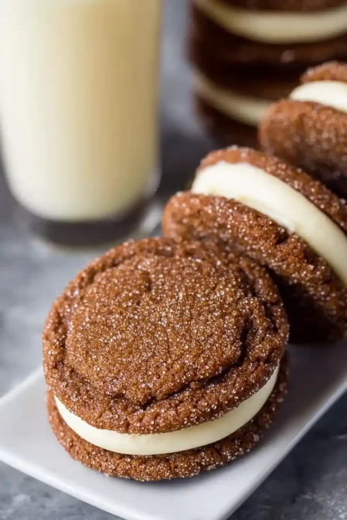 Ginger Molasses Sandwich Cookies with Eggnog Frosting