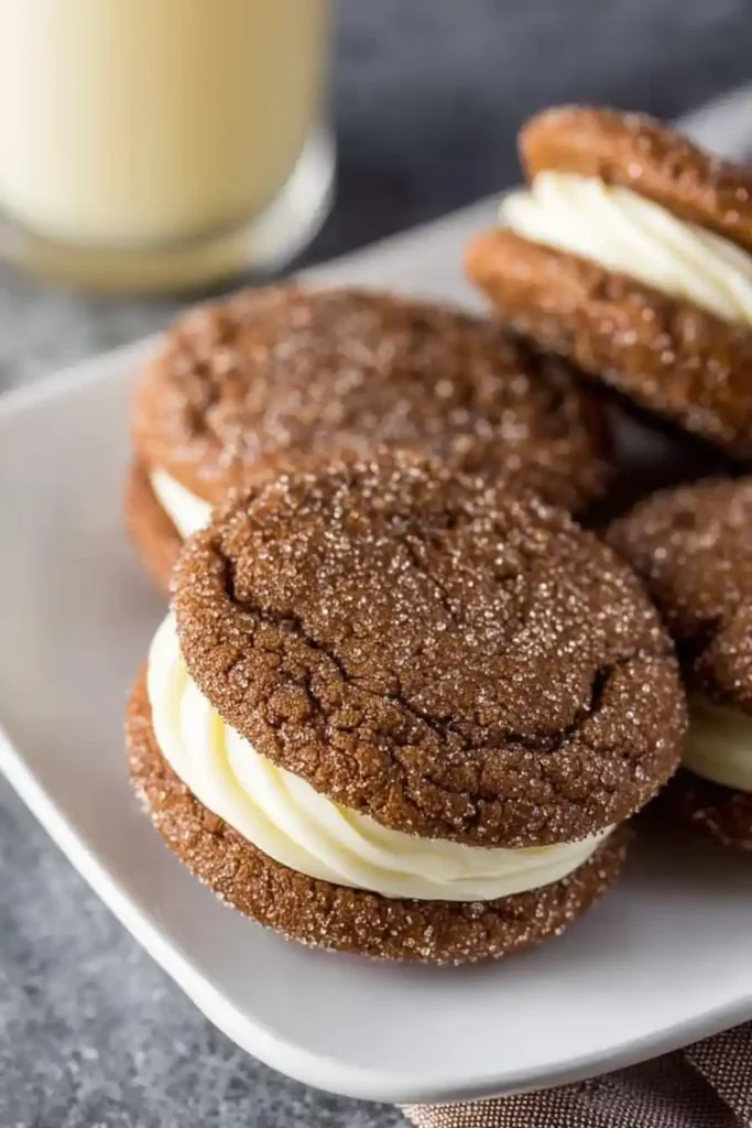 Ginger Molasses Sandwich Cookies with Eggnog Frosting