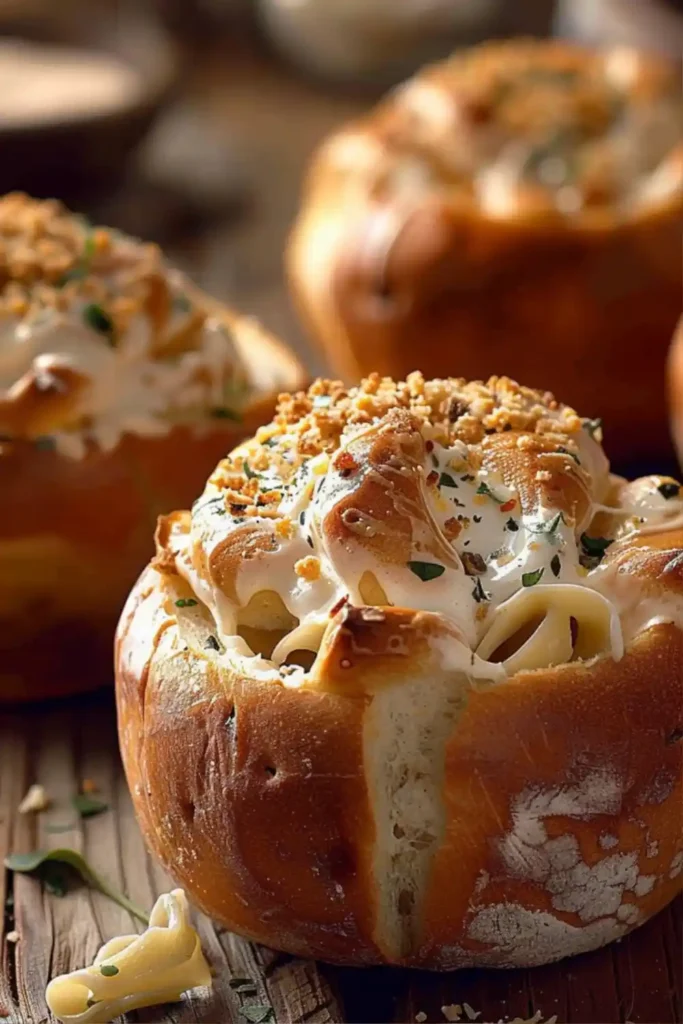 Chicken Alfredo Garlic Bread Bowls