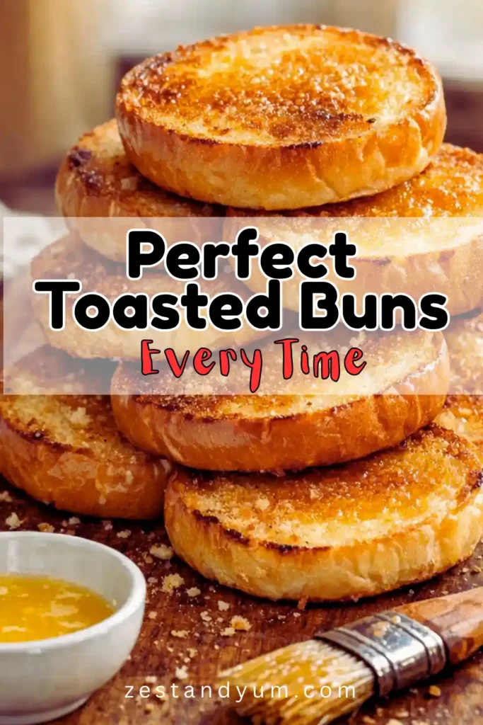 Stack of freshly toasted brioche burger buns on a wooden board, showing golden crispy edges and melted butter coating - Perfect Toasted Buns - Pin