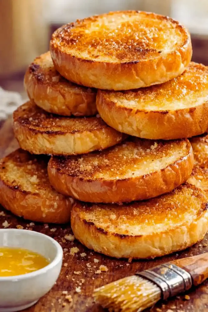 Stack of freshly toasted brioche burger buns on a wooden board, showing golden crispy edges and melted butter coating
