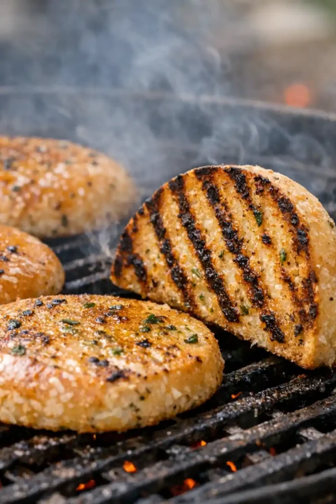 Close-up of burger buns toasting on BBQ grill grates, featuring distinct char marks and a crispy texture from herb-infused oil