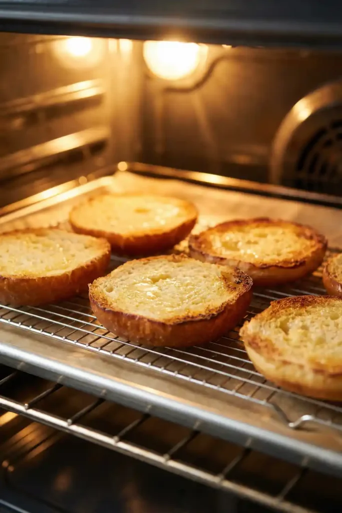 Sliced brioche burger buns arranged cut-side up on a wire rack inside a hot oven, toasted to a golden brown color with melted butter
