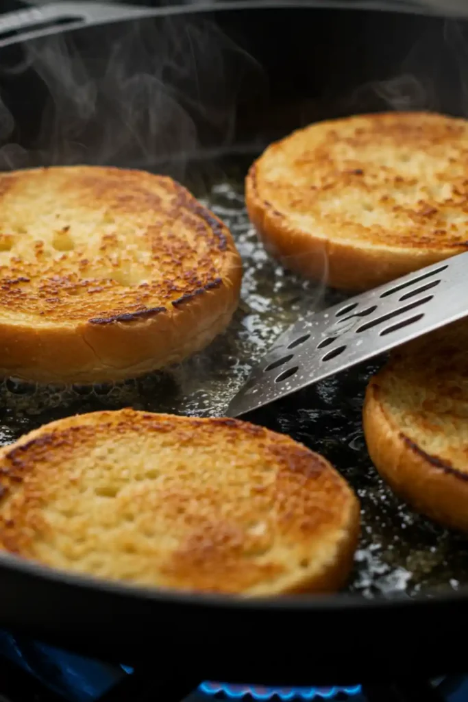 Burger buns searing in a hot cast-iron skillet with shimmering melted butter, being gently pressed by a spatula