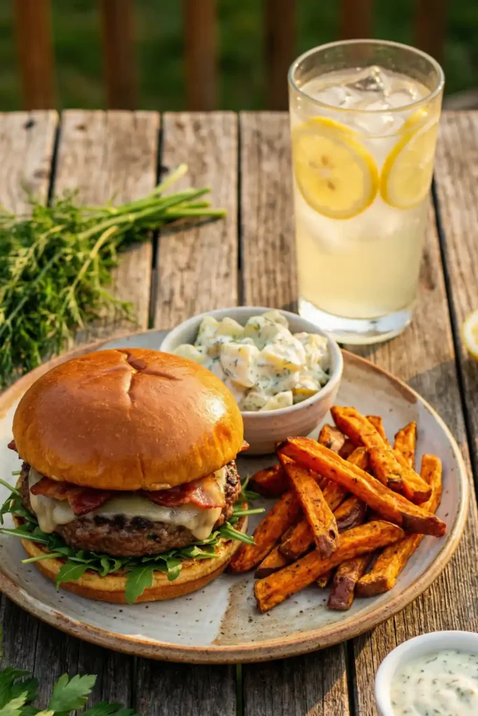 Gourmet burger on a toasted bun served with sweet potato fries, potato salad, and a glass of iced lemonade on a wooden table