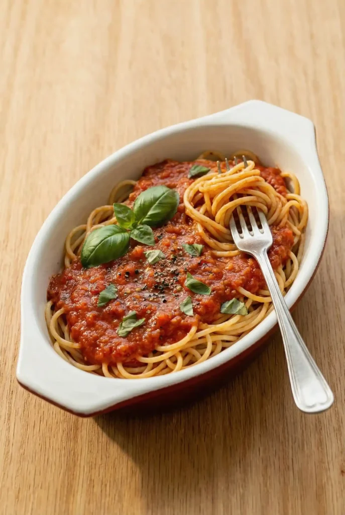 Marinara Sauce over spaghetti in a white dish, garnished with fresh basil leaves and a forkMarinara Sauce over spaghetti in a dish, garnished with fresh basil leaves and a fork