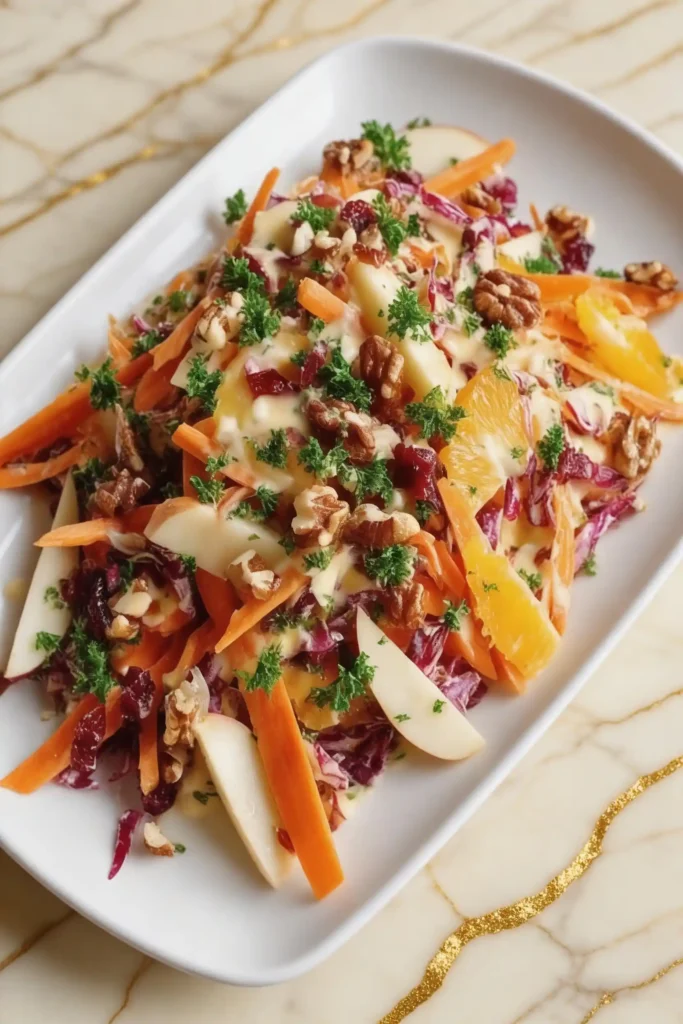 Top-down view of Apple Carrot Salad in a white rectangular dish, showcasing carrots, apples, walnuts, pomegranate seeds, and fresh herbs on a marble surface