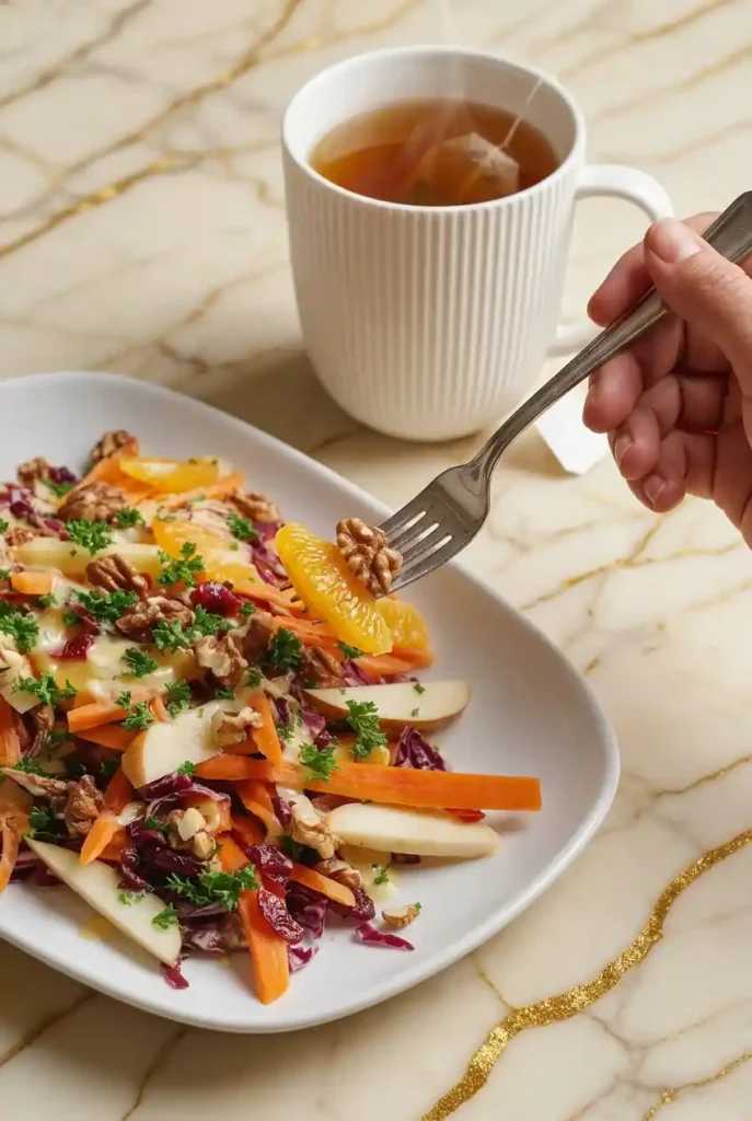 Apple Carrot Salad served on a white plate with a hand holding a fork, featuring carrots, apples, walnuts, and orange slices, accompanied by a cup of herbal tea on a marble countertop
