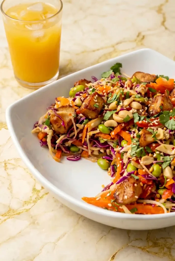 Asian Chicken Crunch Salad with glazed chicken cubes, shredded purple cabbage, carrots, edamame, and peanuts in a white bowl served with a glass of iced orange juice