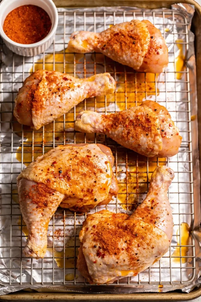 Raw chicken thighs seasoned with spices on a wire rack, ready for baking with a small spice container nearby