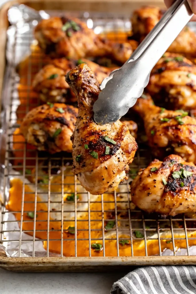 Baked chicken thigh lifted with tongs, golden-brown and herb-garnished, showcasing crispy skin over a baking tray
