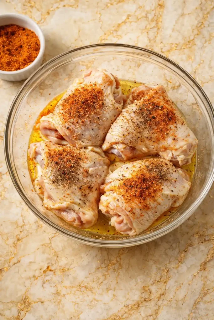 Marinated chicken thighs in a glass bowl with oil and spices, prepared for oven baking on a marble countertop