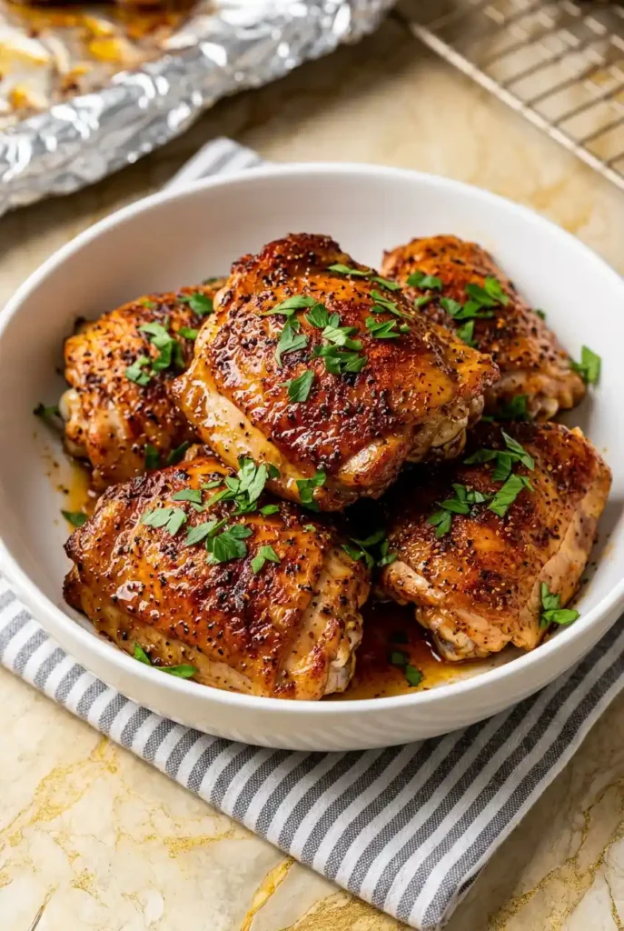 Baked Chicken Thighs served in a white bowl, golden-brown with herb garnish, placed on a striped cloth over a marble countertop