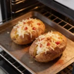 Two baked potatoes topped with shredded cheese, diced red peppers, and spices, baking inside an oven on a metal tray