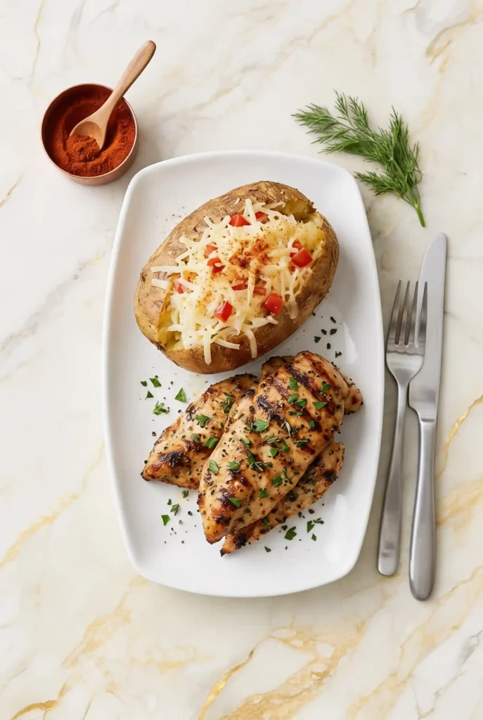 Baked potato topped with shredded cheese, diced red peppers, and spices on a white plate, served with grilled chicken and fresh dill on a marble countertop