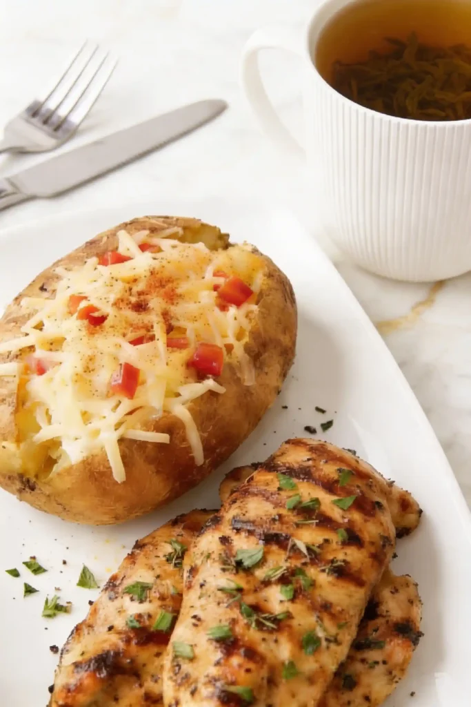 Baked potato topped with shredded cheese, diced red peppers, and spices, served with grilled chicken and a cup of herbal tea on a marble countertop