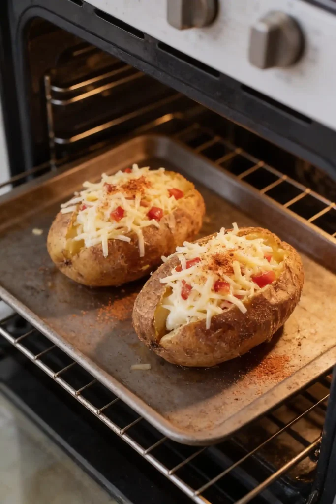 Two baked potatoes topped with shredded cheese, diced red peppers, and spices, baking inside an oven on a metal tray