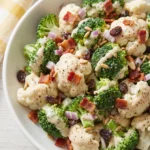 “Overhead view of classic broccoli cauliflower salad with bacon, cranberries, red onion, sunflower seeds, and tangy cream dressing