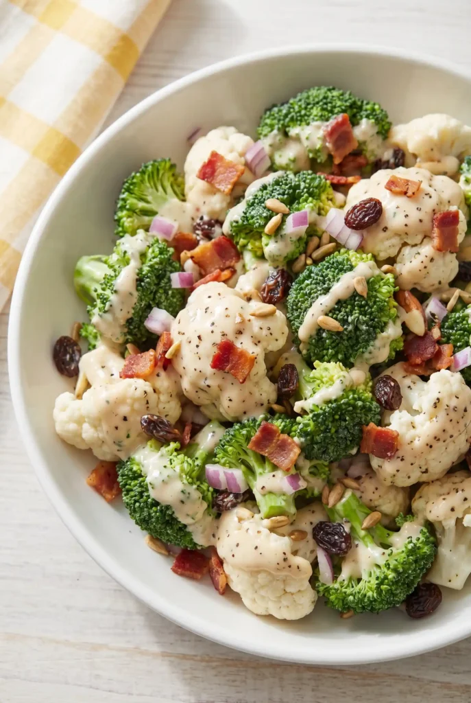 “Overhead view of classic broccoli cauliflower salad with bacon, cranberries, red onion, sunflower seeds, and tangy cream dressing