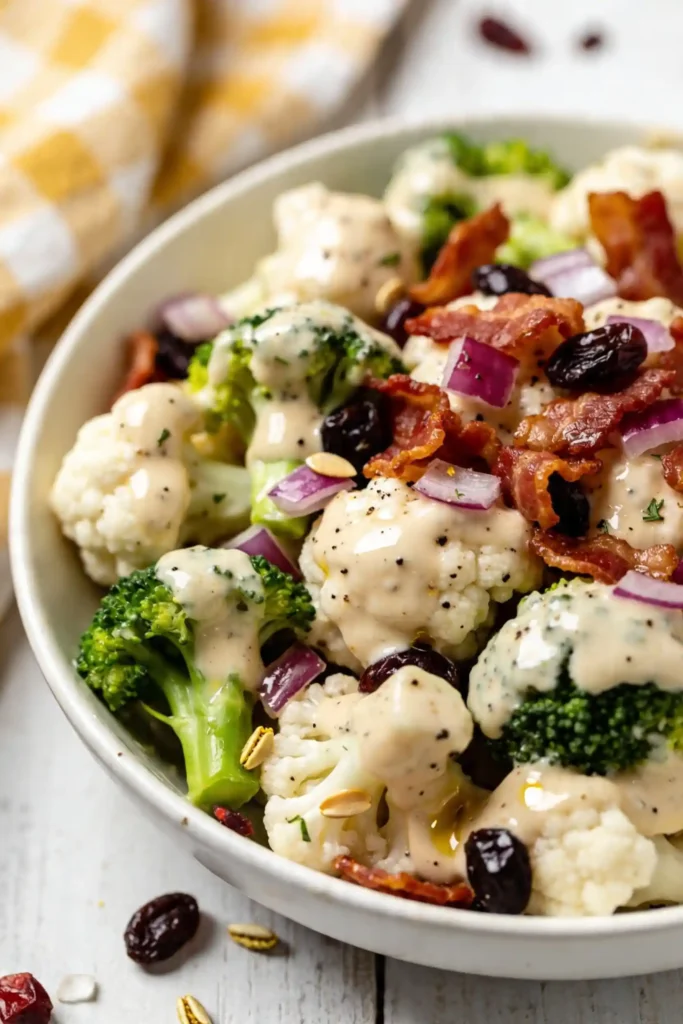 Broccoli cauliflower salad topped with bacon bits, red onion, dried cranberries, sunflower seeds, and black pepper