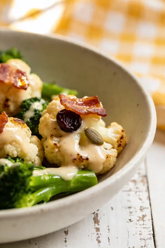 Close-up of broccoli cauliflower salad with crispy bacon, dried cranberries, pumpkin seeds, and creamy dressing in rustic bowl