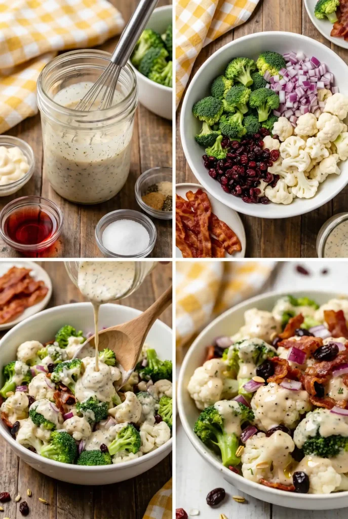 "Collage showing the steps to make broccoli cauliflower salad, including whisking dressing, raw ingredients, pouring sauce, and the final dish with bacon and cranberries