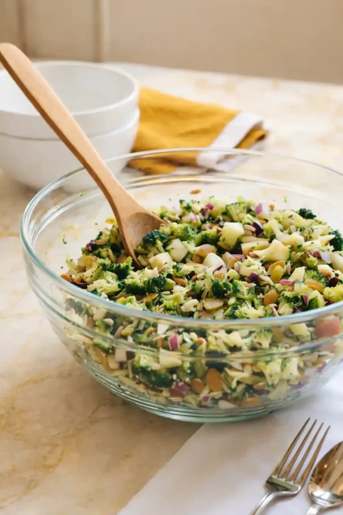 Broccoli Salad in a clear glass bowl with a wooden spoon, featuring broccoli florets, apples, almonds, and dried cranberries, served on a marble countertop with white bowls and a yellow napkin