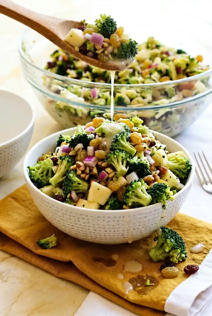Broccoli Salad in a white bowl with creamy dressing drizzled over, topped with pine nuts and apples, served on an orange napkin.