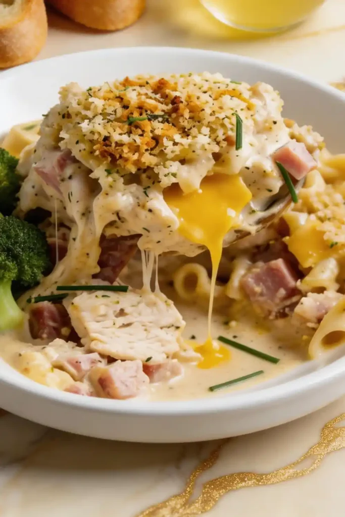 Chicken Cordon Bleu Casserole in a white bowl, melted cheese stretching over chicken, ham, pasta, broccoli, and fresh chive garnish