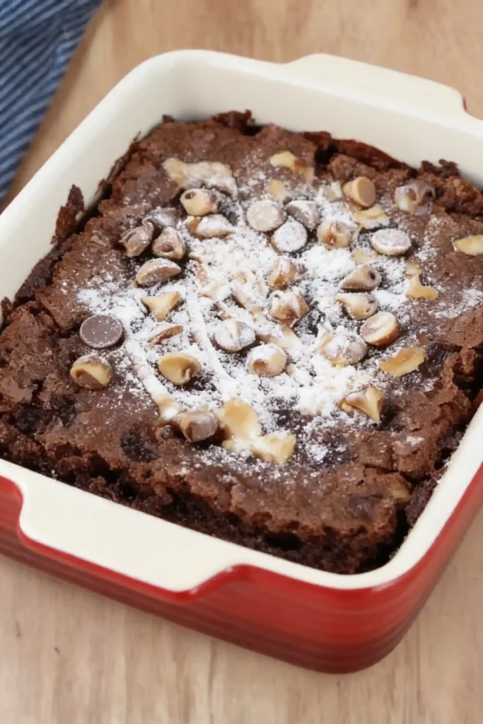 Cottage Cheese Microwave Brownie in a white dish, topped with chocolate chips, melted chocolate drizzle, and brown sugar on a rustic wooden background