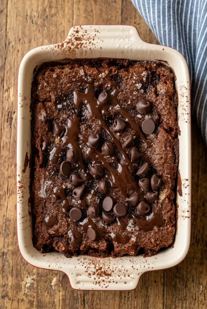 Quick Cottage Cheese Microwave Brownie in a ceramic baking dish, topped with melted chocolate drizzle and chocolate chips, showcasing rich texture on a rustic wooden countertop