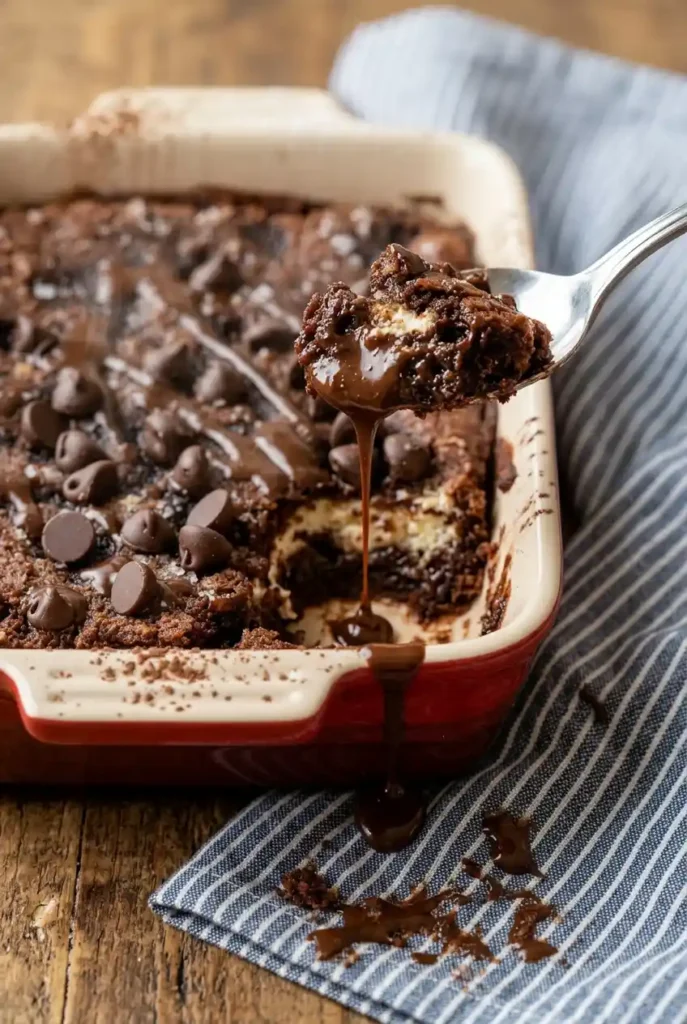 Fluffy Cottage Cheese Microwave Brownie with powdered sugar and almond slices, served on a red-and-white baking dish over a wooden surface
