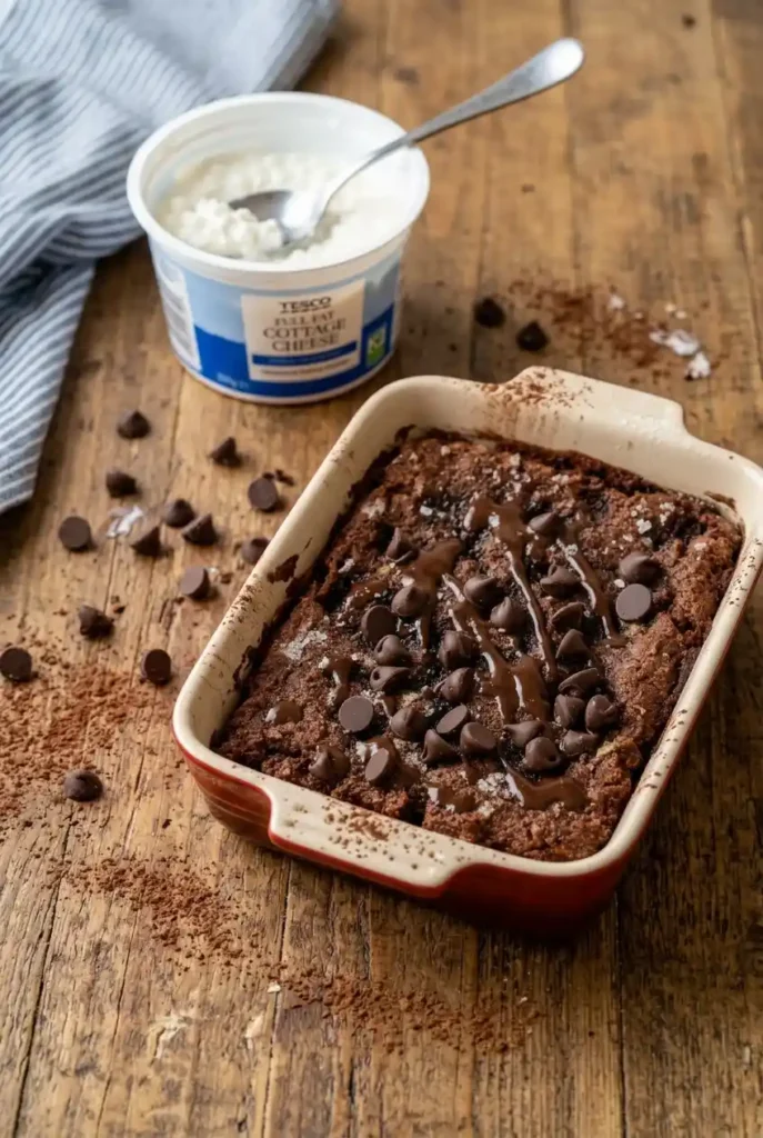 Cottage Cheese Microwave Brownie in a red baking dish, topped with chocolate chips and drizzle, with a Tesco cottage cheese container, scattered chocolate chips, and cocoa powder on a rustic wooden surface