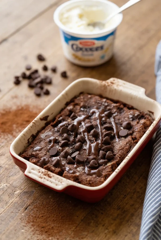 Cottage Cheese Microwave Brownie in a red dish with chocolate chips and drizzle, accompanied by a cottage cheese container for healthy dessert inspiration