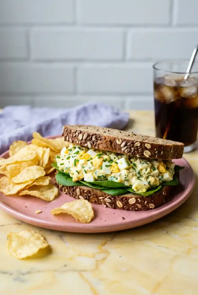 Egg Salad Sandwich served on whole grain bread with potato chips and a glass of iced beverage on a pink plate over a marble countertop
