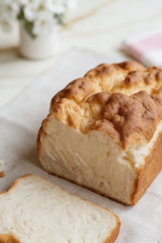Close-up of Fluffy Keto Cottage Cheese Cloud Bread, sliced to reveal tender crumb and golden crust against a soft, floral backdrop