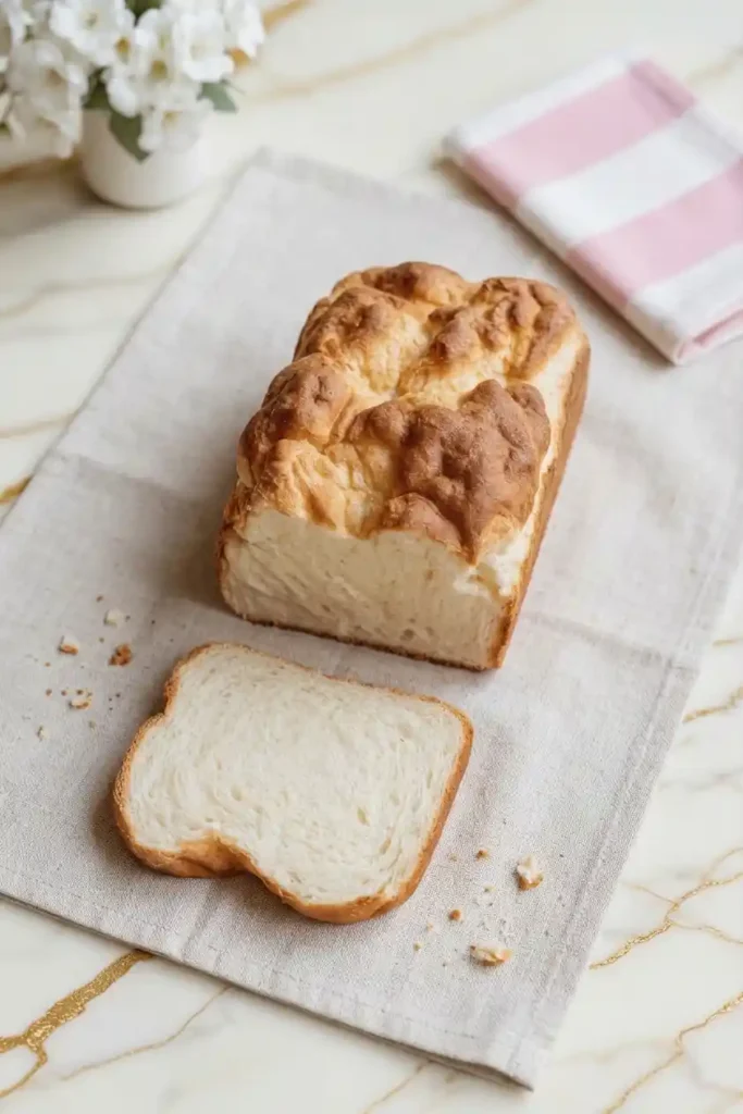Fluffy Keto Cottage Cheese Cloud Bread loaf with a slice, displayed on a light cloth with a pink striped napkin and white floral vase, highlighting airy texture and golden crust