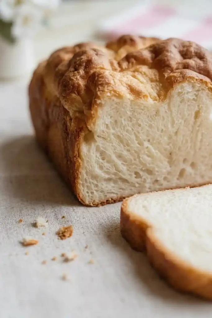 Fluffy Keto Cottage Cheese Cloud Bread loaf with a slice, showcasing airy crumb and golden-brown crust on a neutral cloth with blurred floral background