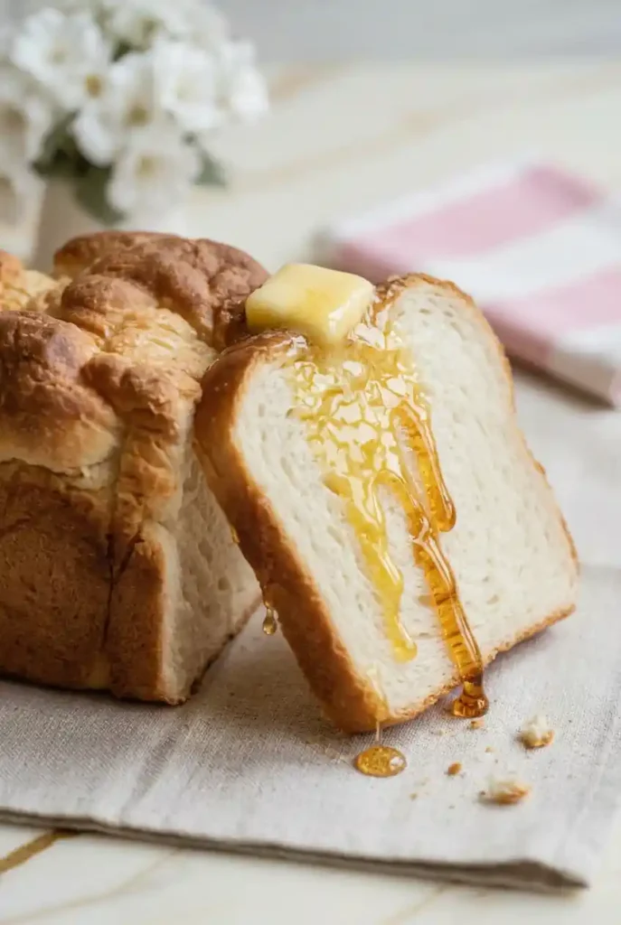 Fluffy Keto Cottage Cheese Cloud Bread slice topped with melting butter and honey drips, showcasing golden crust and airy crumb texture, with a loaf, white flowers, and pink striped napkin on a linen cloth